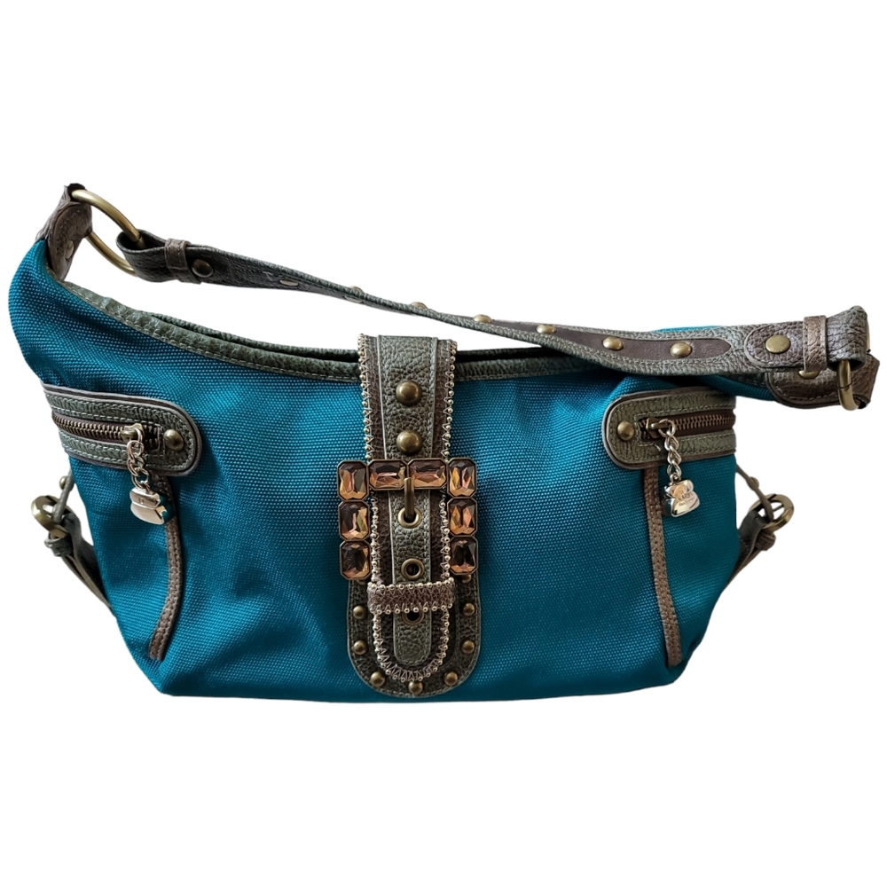 SALE Turquoise Kathy Van Zeeland Handbag w/ Gold Stud Detail & Lots of Pockets!